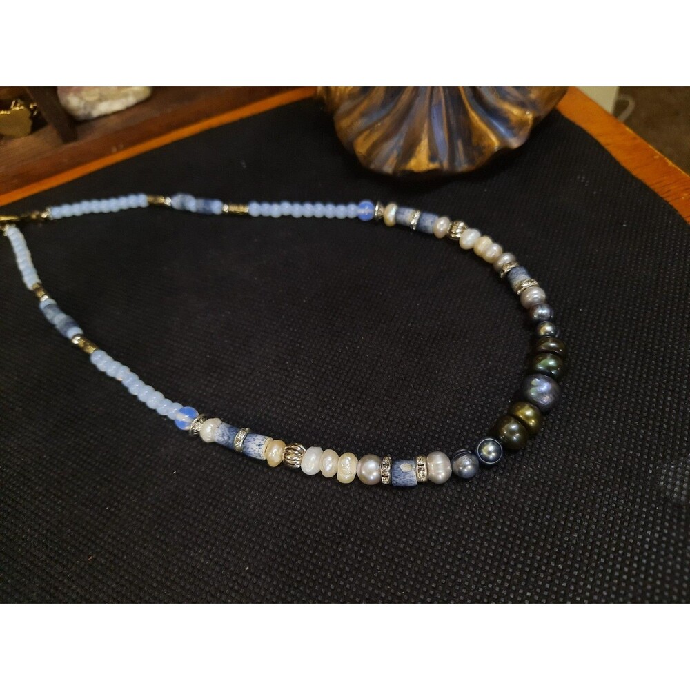 Handcrafted Bohemian Necklace with Freshwater Pearl, Opalite, & Blue Coral